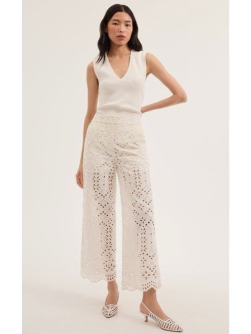 NEW Veronica Beard Kemper Pants Wide-Leg Eyelet Lace Off-White 2 Cotton